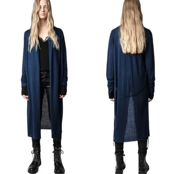 ZADIG & VOLTAIRE Rona Cp Cardigan Blue Cashmere Shawl Collar Tie Waist Long, S - Picture 14 of 14